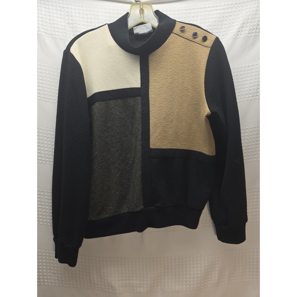 Alfred Dunner Vintage Colorblock Sweater Petite Medium Mock Neck Button Shoulder